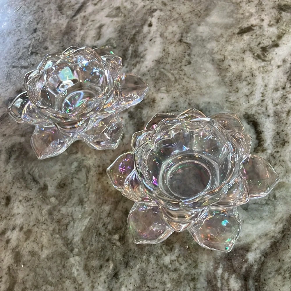 Iridescent Lotus Candle Holders Glass Set Of 2